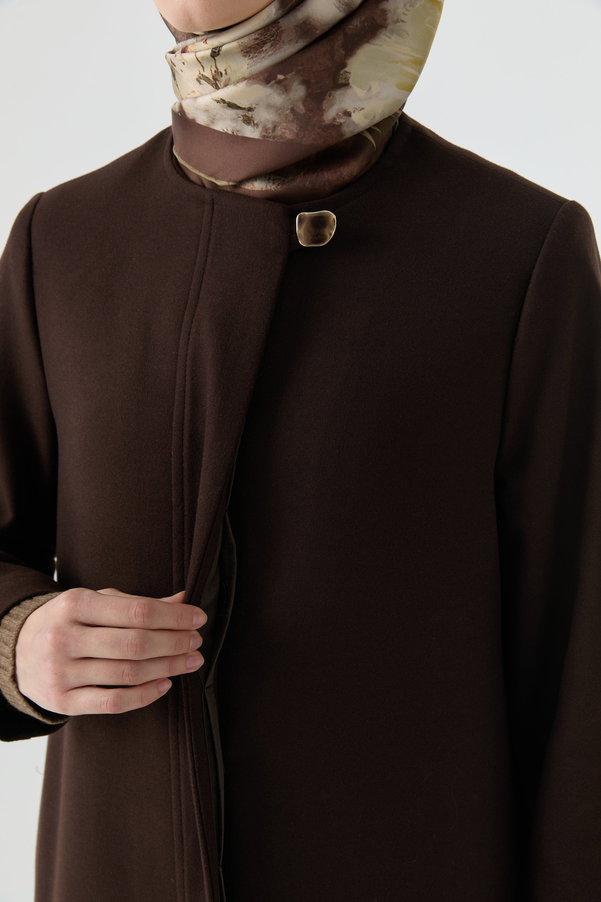 Gizli Pat Düğmeli Basic Manto - Kahve TUGBA