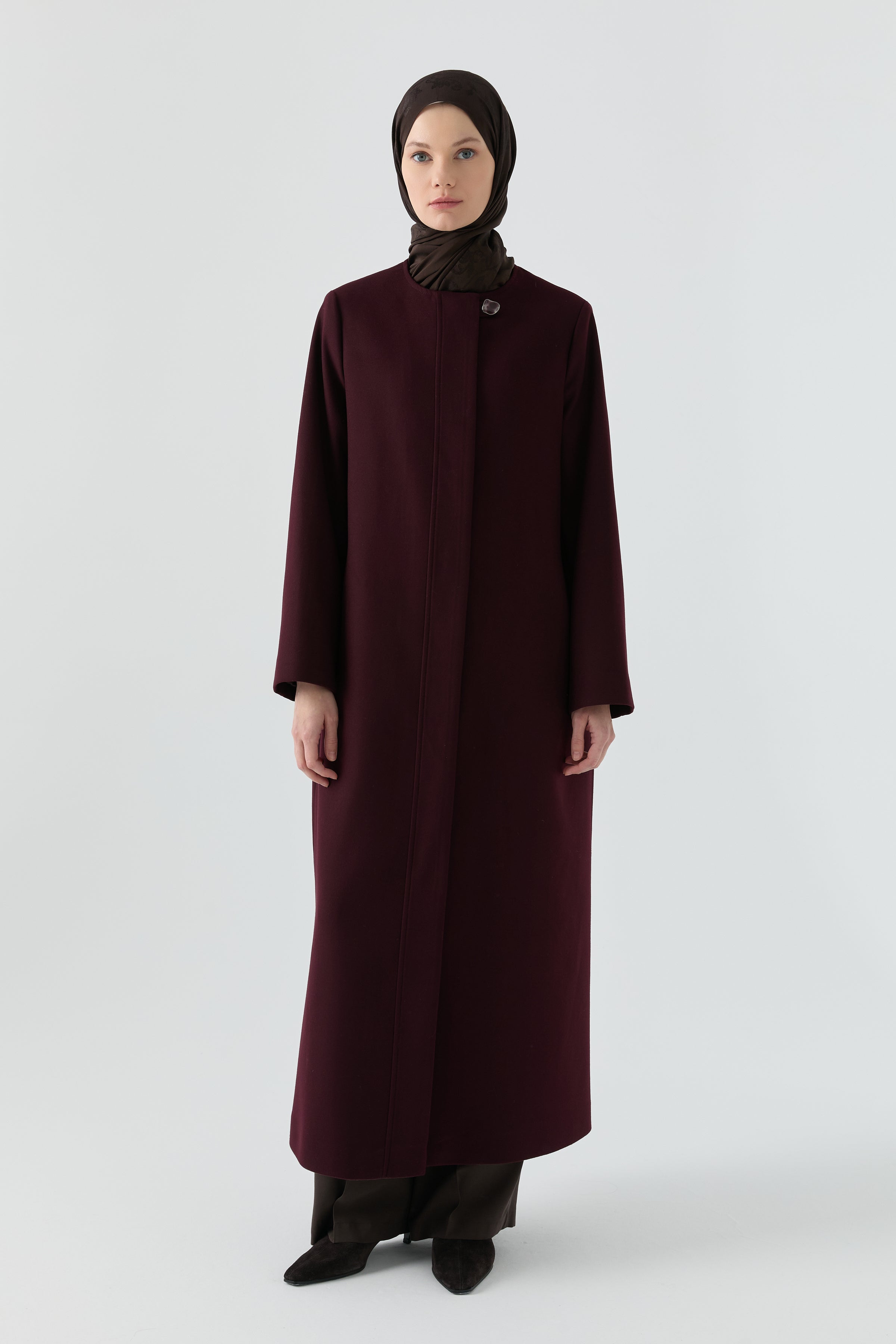 Gizli Pat Düğmeli Basic Manto - Mürdüm TUGBA