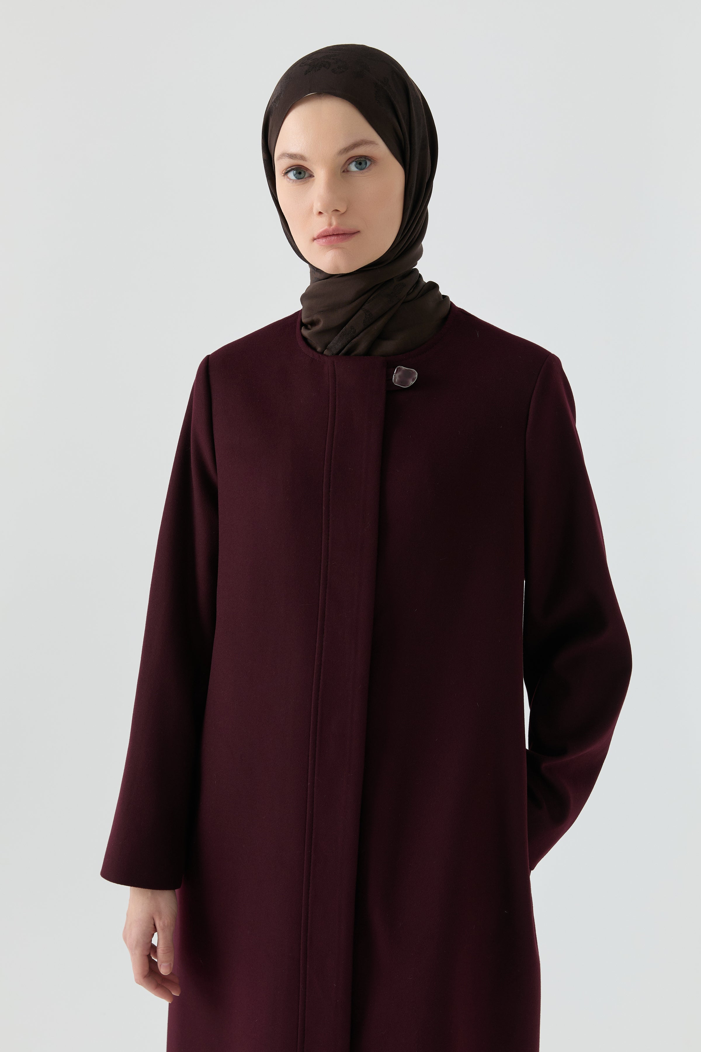 Gizli Pat Düğmeli Basic Manto - Mürdüm TUGBA