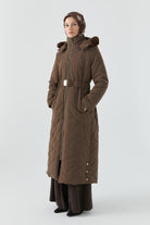 Cam Kırığı Desenli Kapitone Manto - Kahve TUGBA