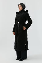 Cam Kırığı Desenli Kapitone Manto - Siyah TUGBA