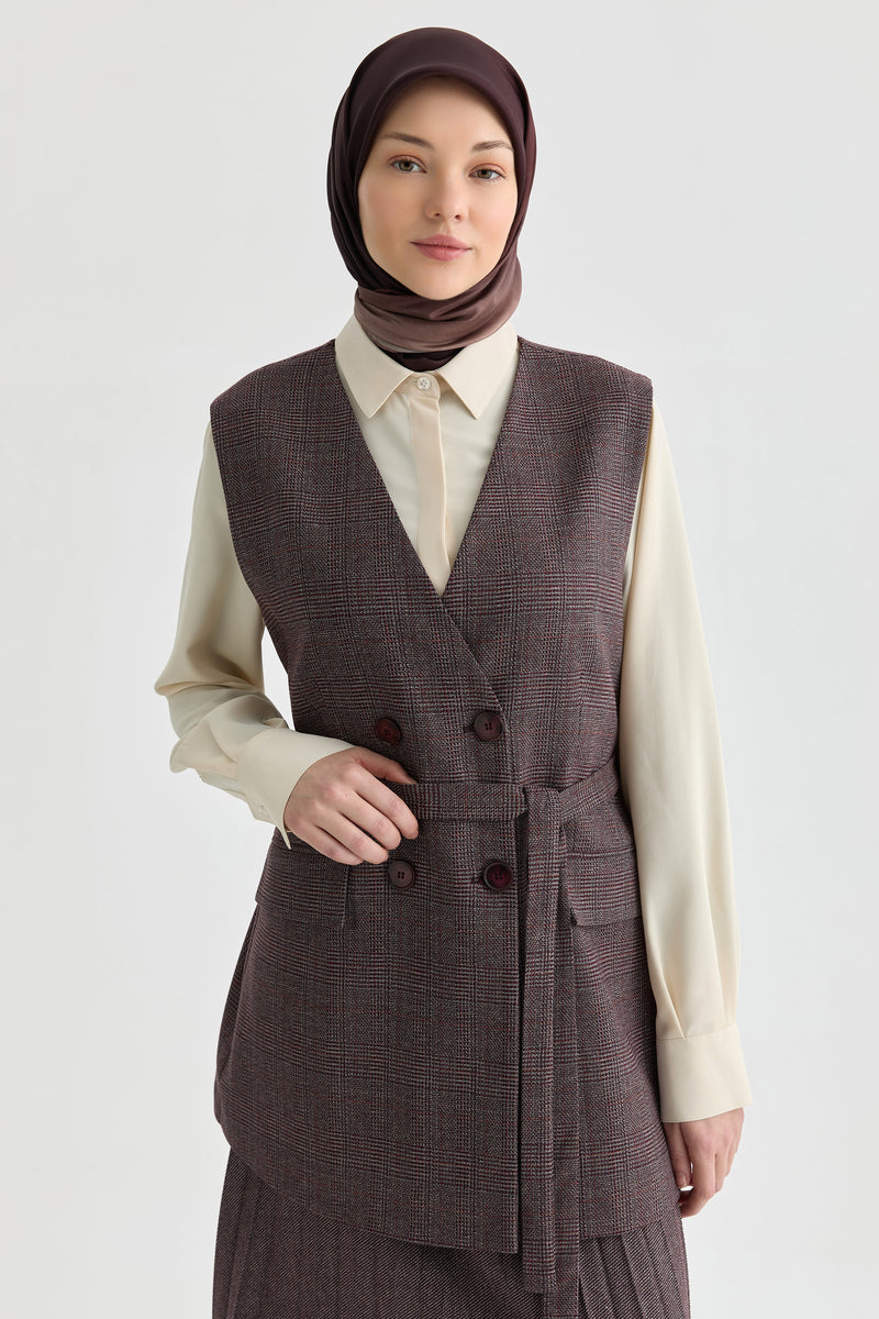 Beli Kuşaklı Yelek - Bordo TUGBA