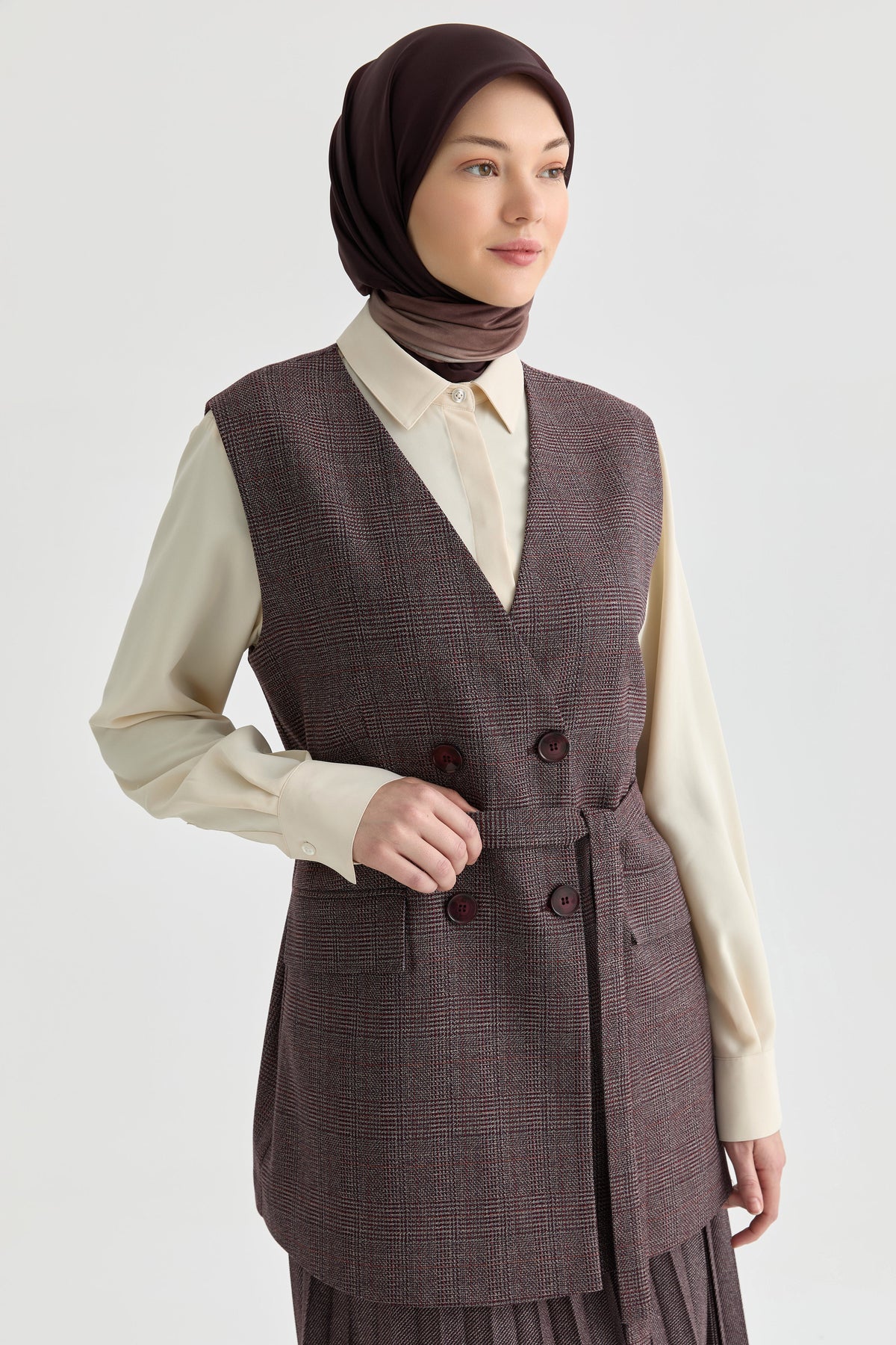 Beli Kuşaklı Yelek - Bordo TUGBA
