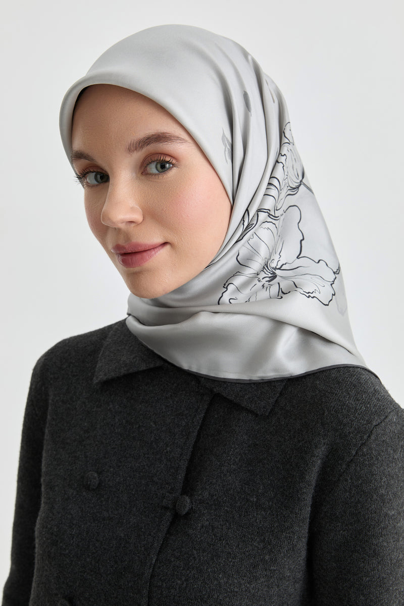 Süregan Twill İpek Eşarp - Gri TUGBA