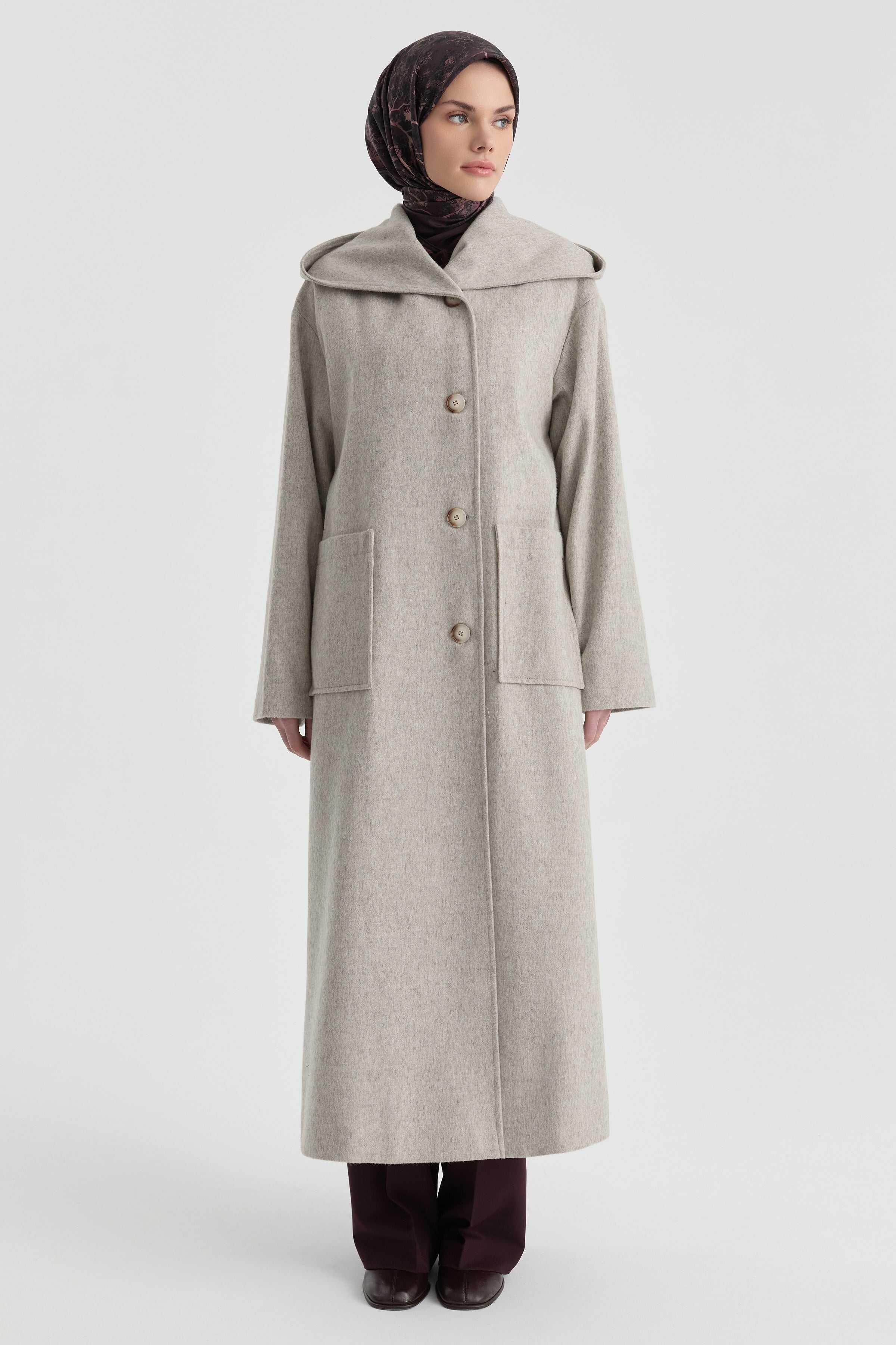 Kapüşonlu Kaşe Manto - Taş TUGBA