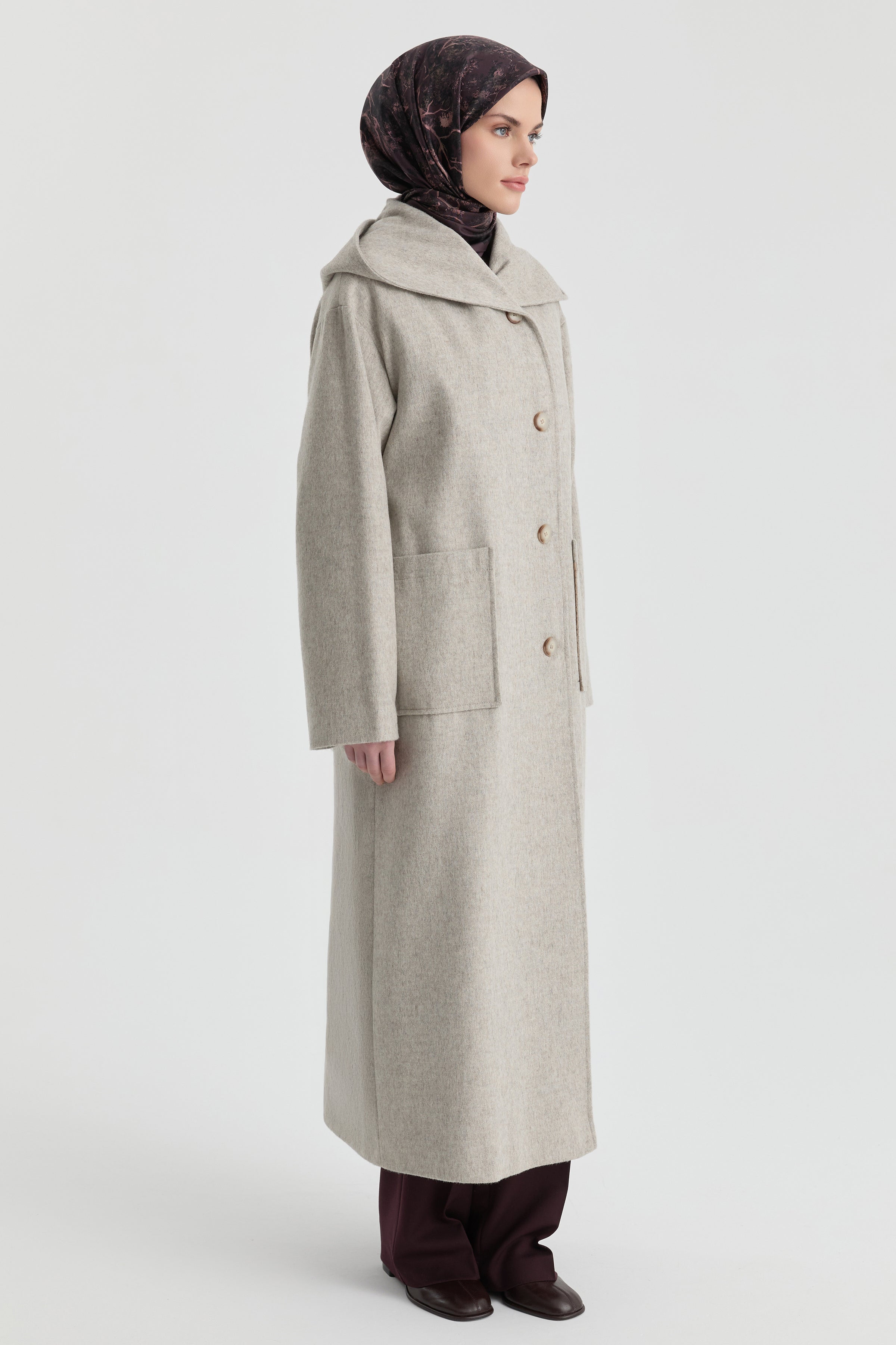 Kapüşonlu Kaşe Manto - Taş TUGBA