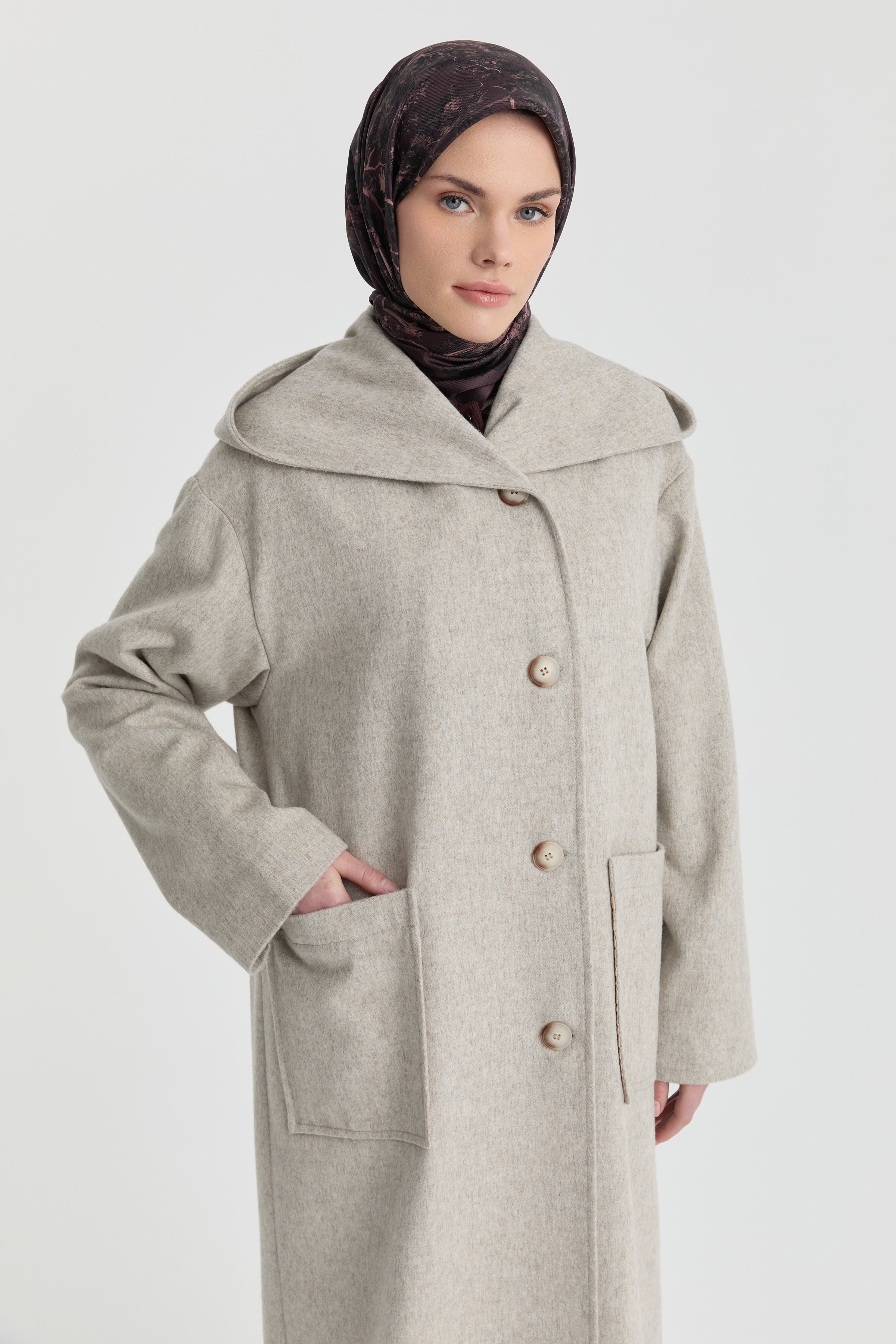 Kapüşonlu Kaşe Manto - Taş TUGBA