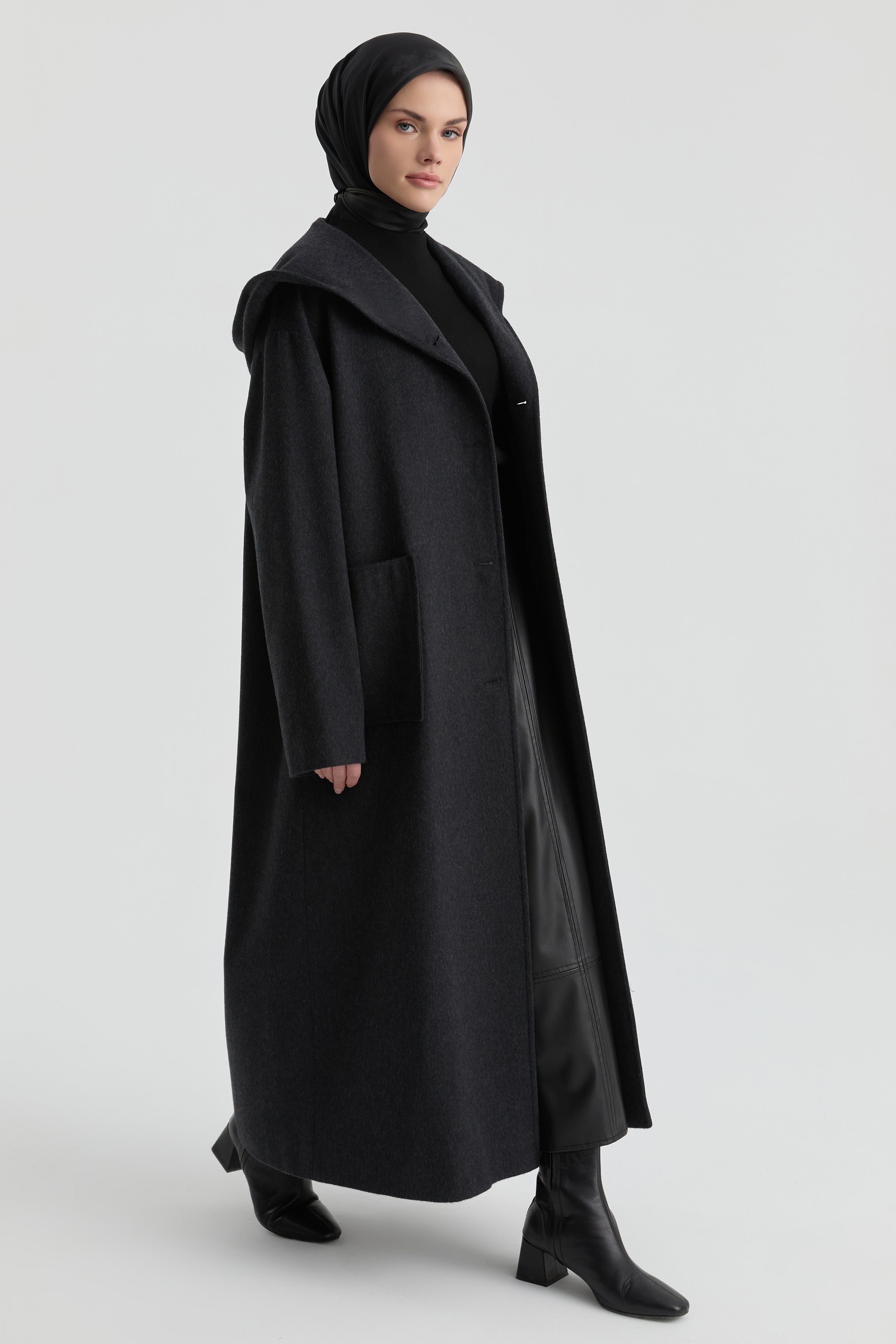 Kapüşonlu Kaşe Manto - Antrasit TUGBA