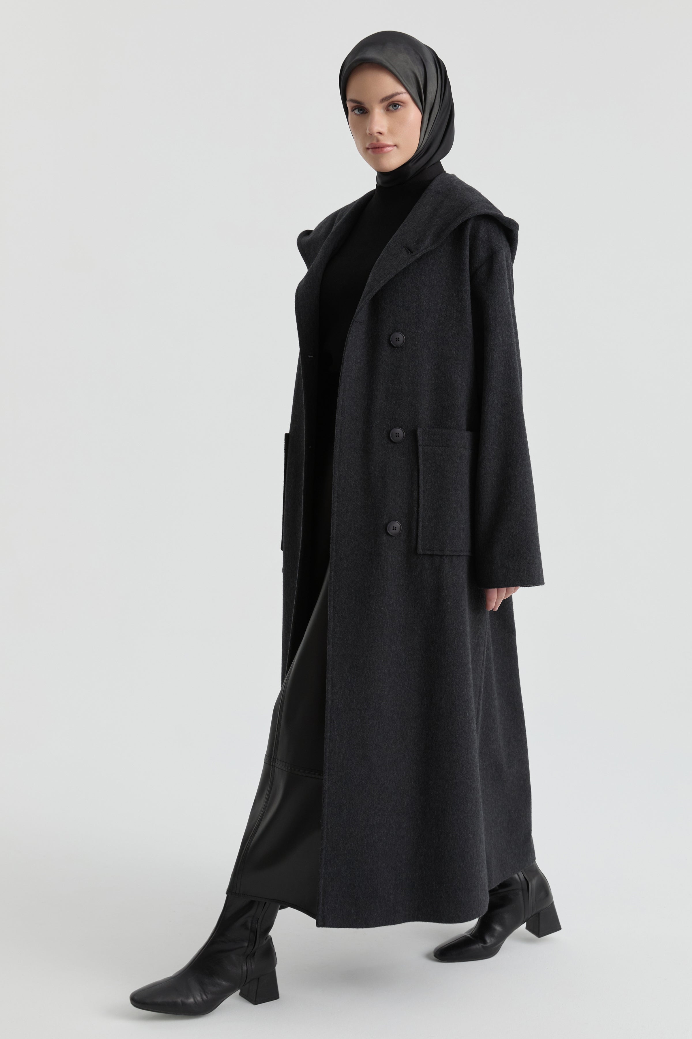 Kapüşonlu Kaşe Manto - Antrasit TUGBA