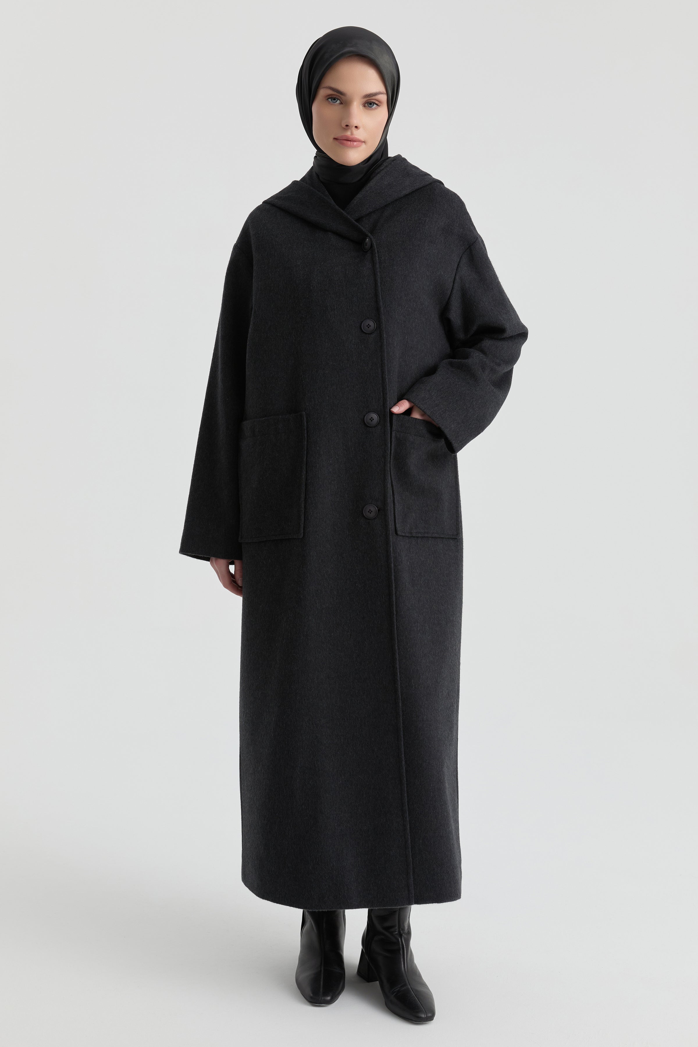 Kapüşonlu Kaşe Manto - Antrasit TUGBA