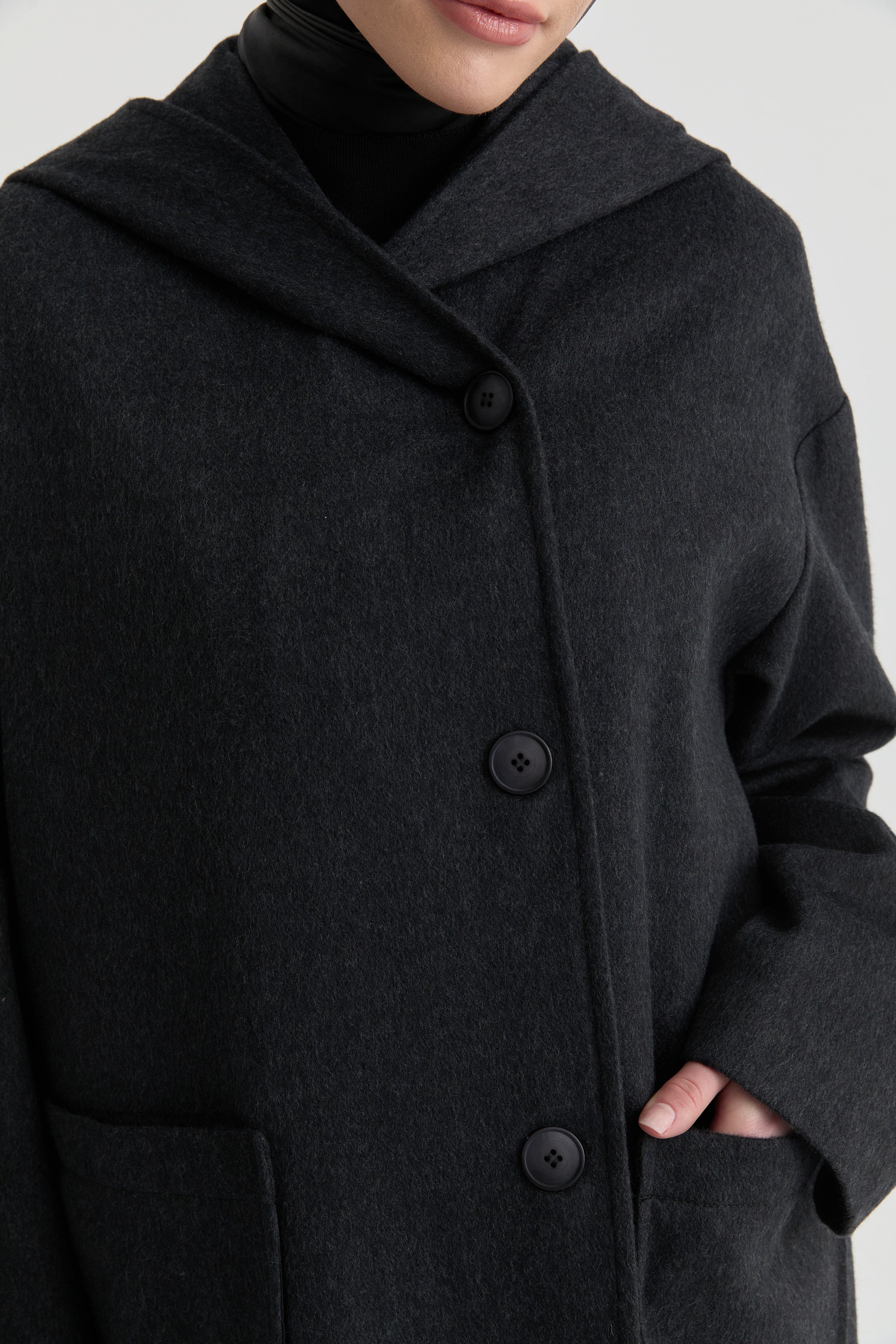 Kapüşonlu Kaşe Manto - Antrasit TUGBA