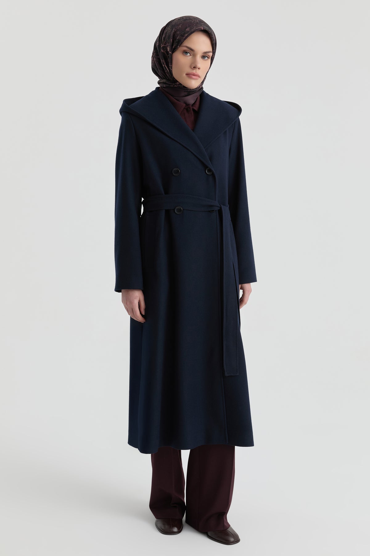 Hooded Wide Collar Coat - Navy Blue