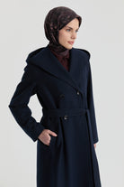 Kapüşonlu Geniş Yakalı Kaban - Lacivert TUGBA