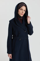 Kapüşonlu Geniş Yakalı Kaban - Lacivert TUGBA