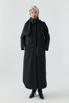 Kombinli Atkılı Kapitone Pardesü - Siyah TUGBA