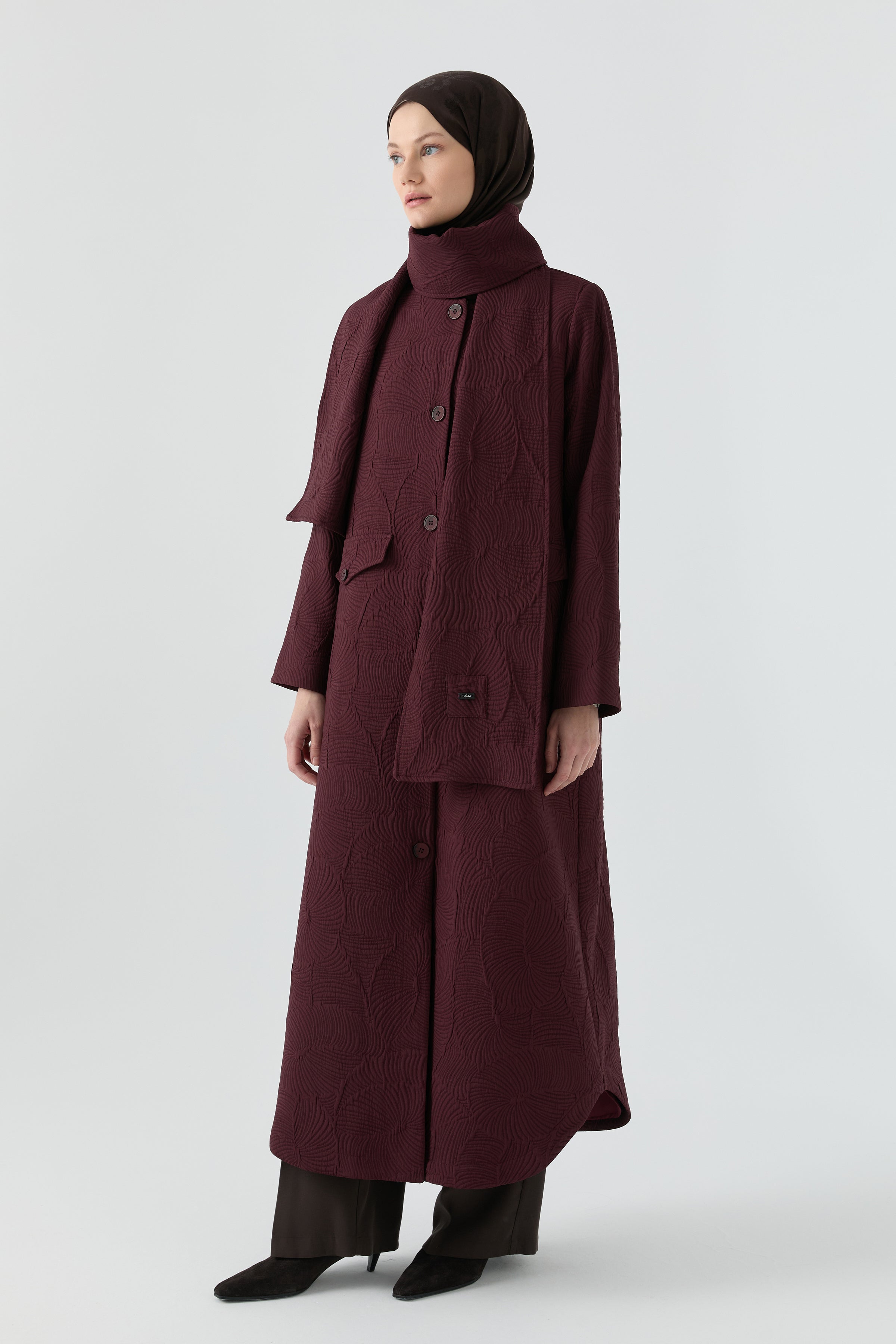 Kombinli Atkılı Kapitone Pardesü - Mürdüm TUGBA