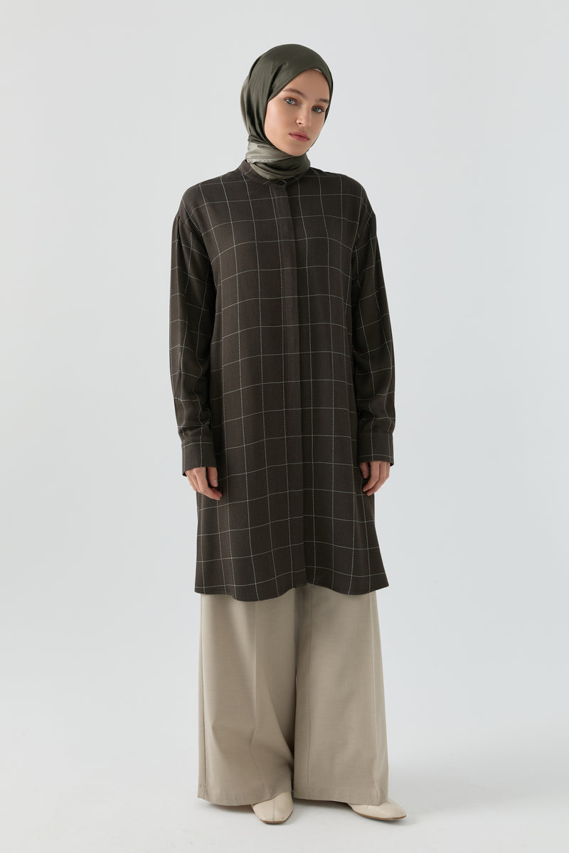Kare Desenli Tunik - Haki TUGBA