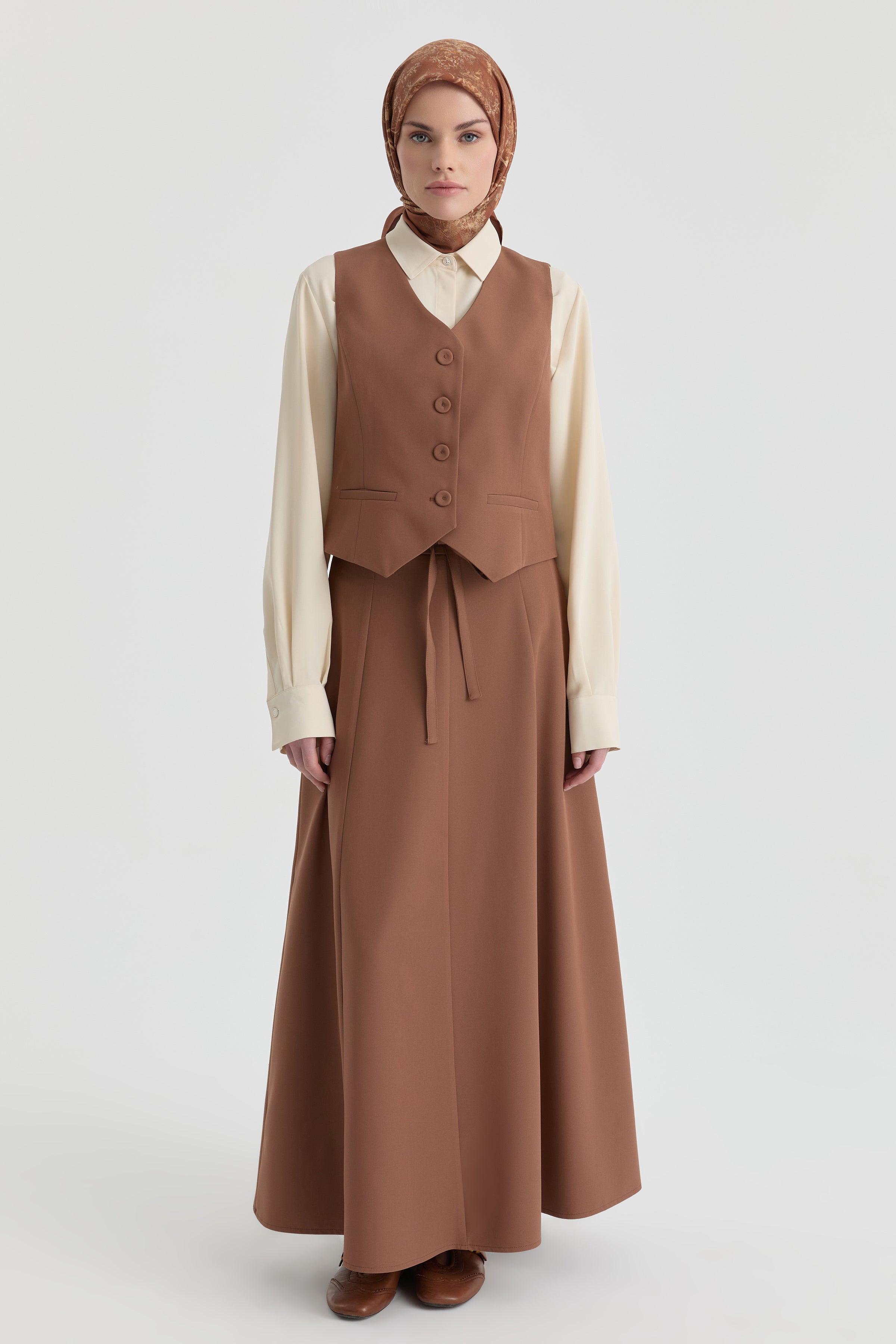 Kuşak Detaylı Etek Yelek Takım - Fındık TUGBA