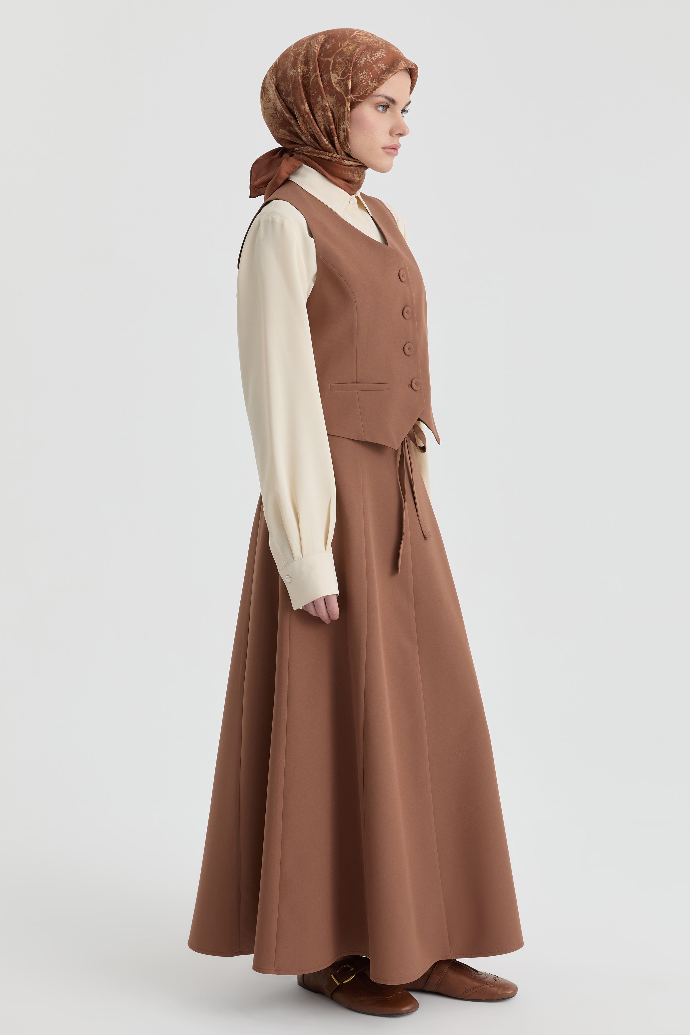 Kuşak Detaylı Etek Yelek Takım - Fındık TUGBA