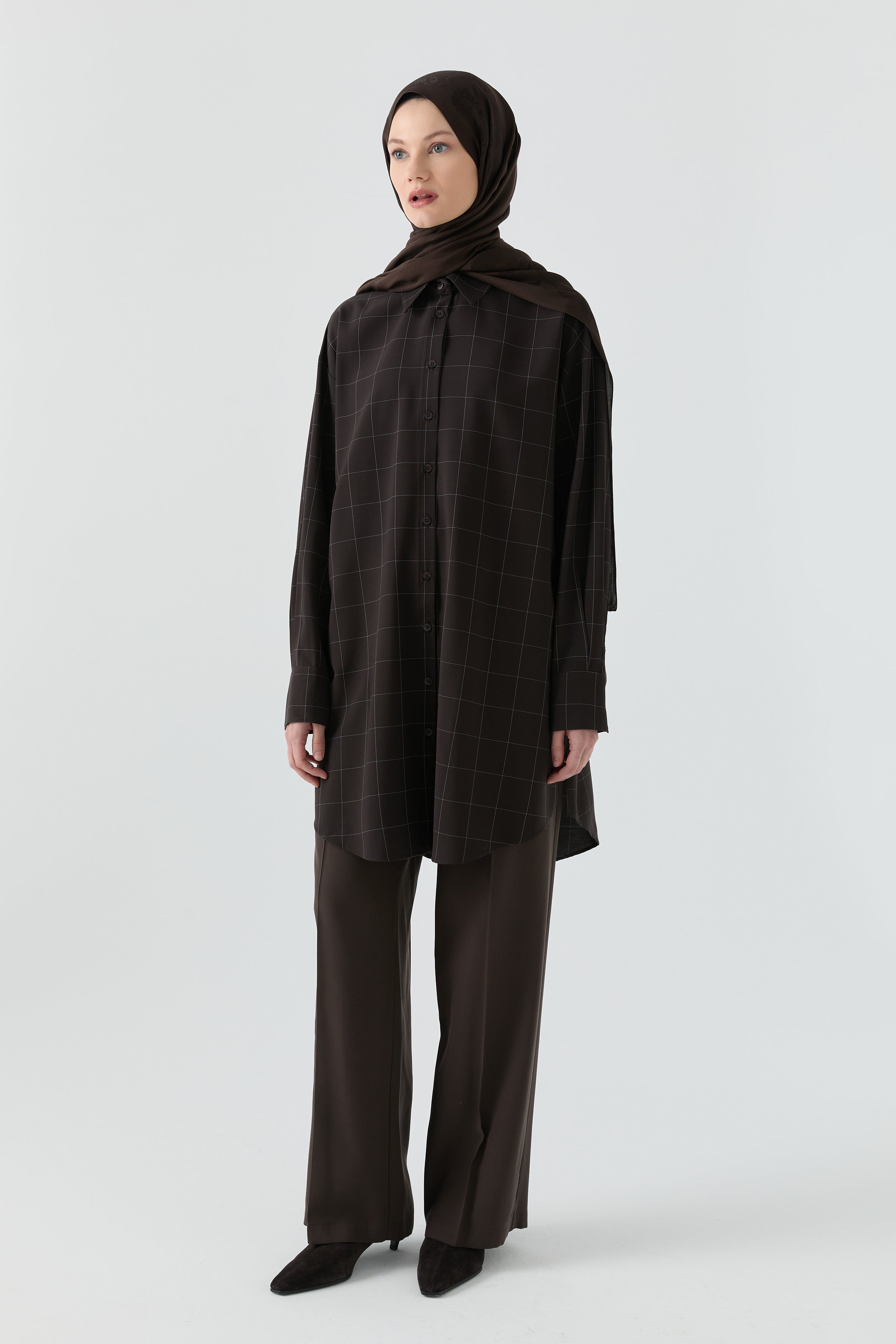 Kare Desenli Tunik - Acı Kahve TUGBA