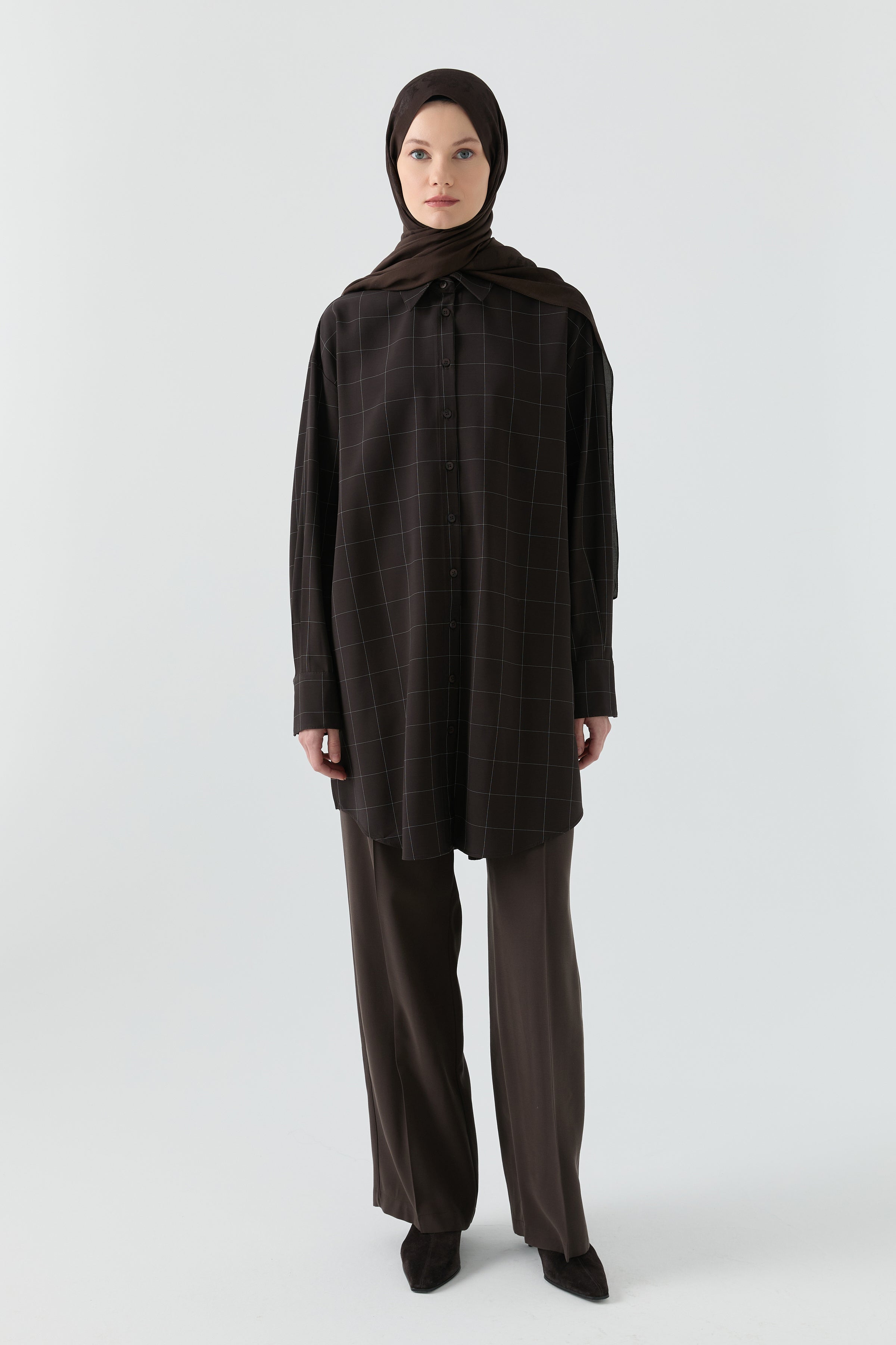 Kare Desenli Tunik - Acı Kahve TUGBA