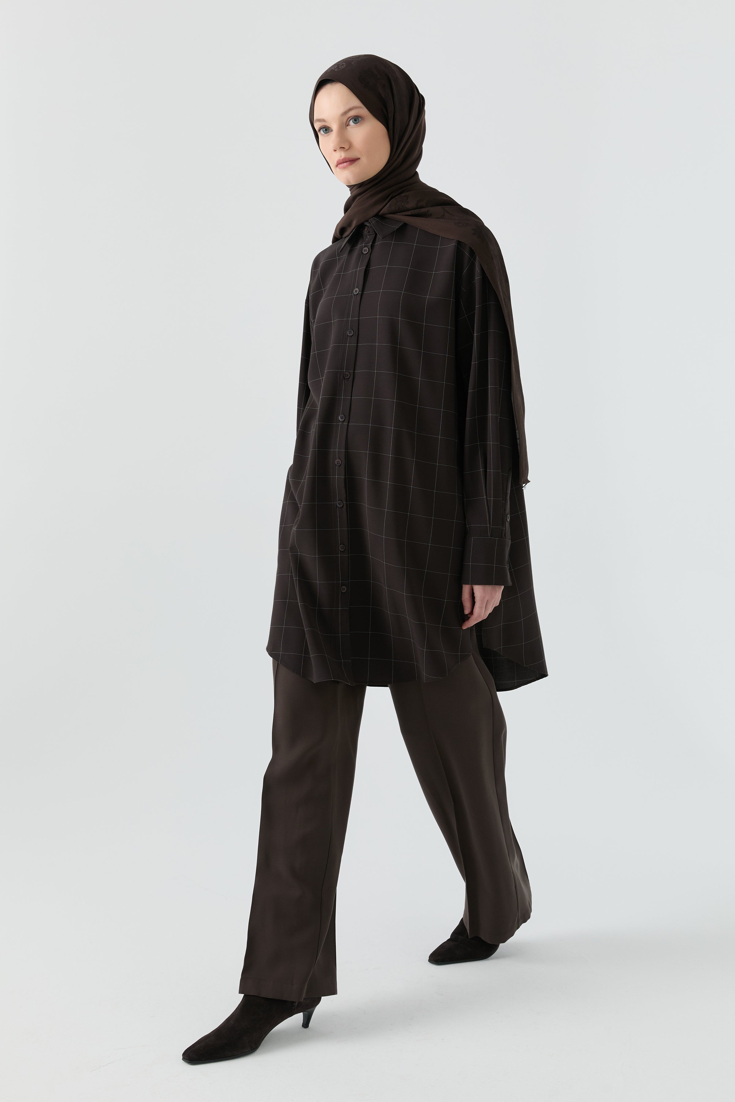 Kare Desenli Tunik - Acı Kahve TUGBA