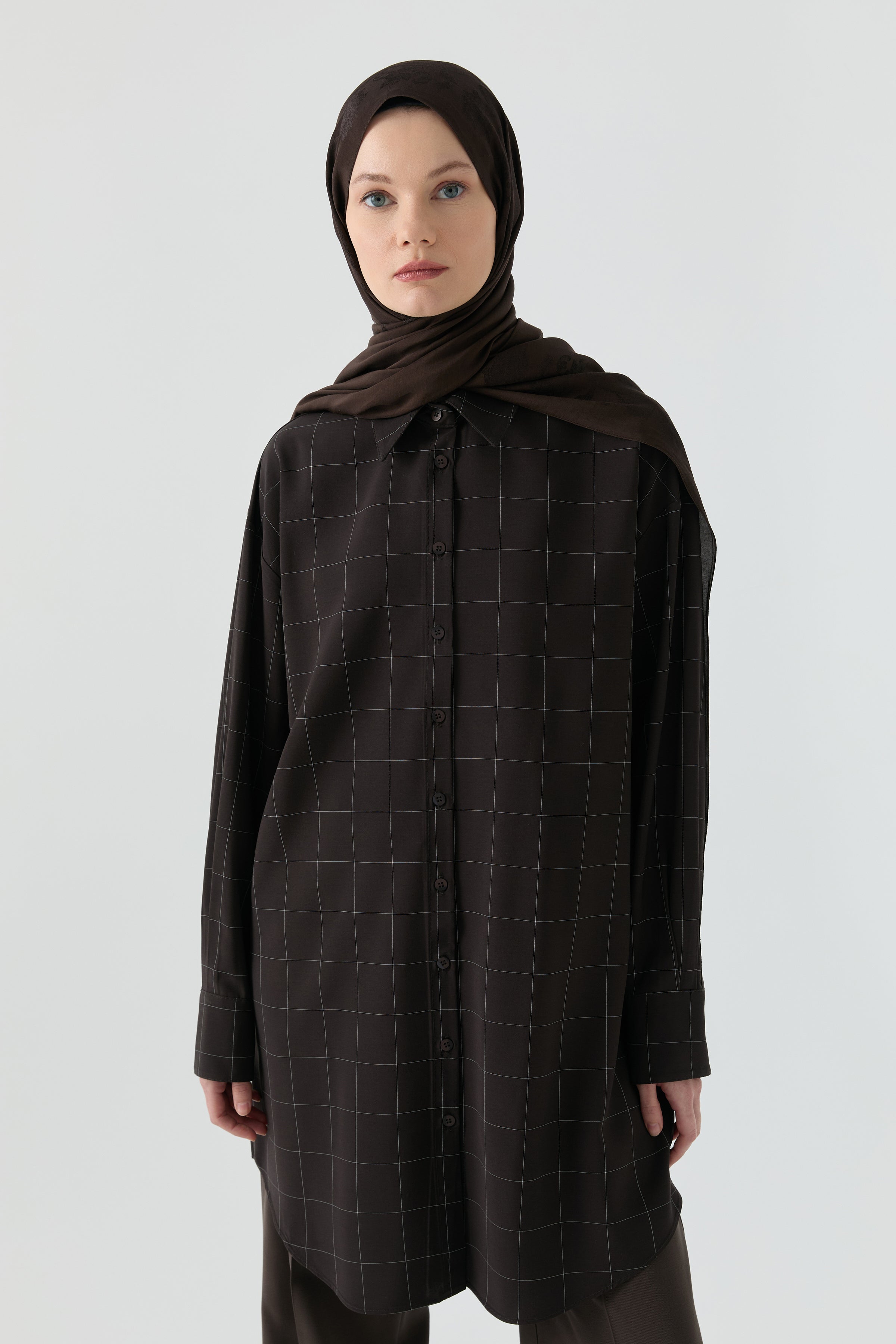 Kare Desenli Tunik - Acı Kahve TUGBA