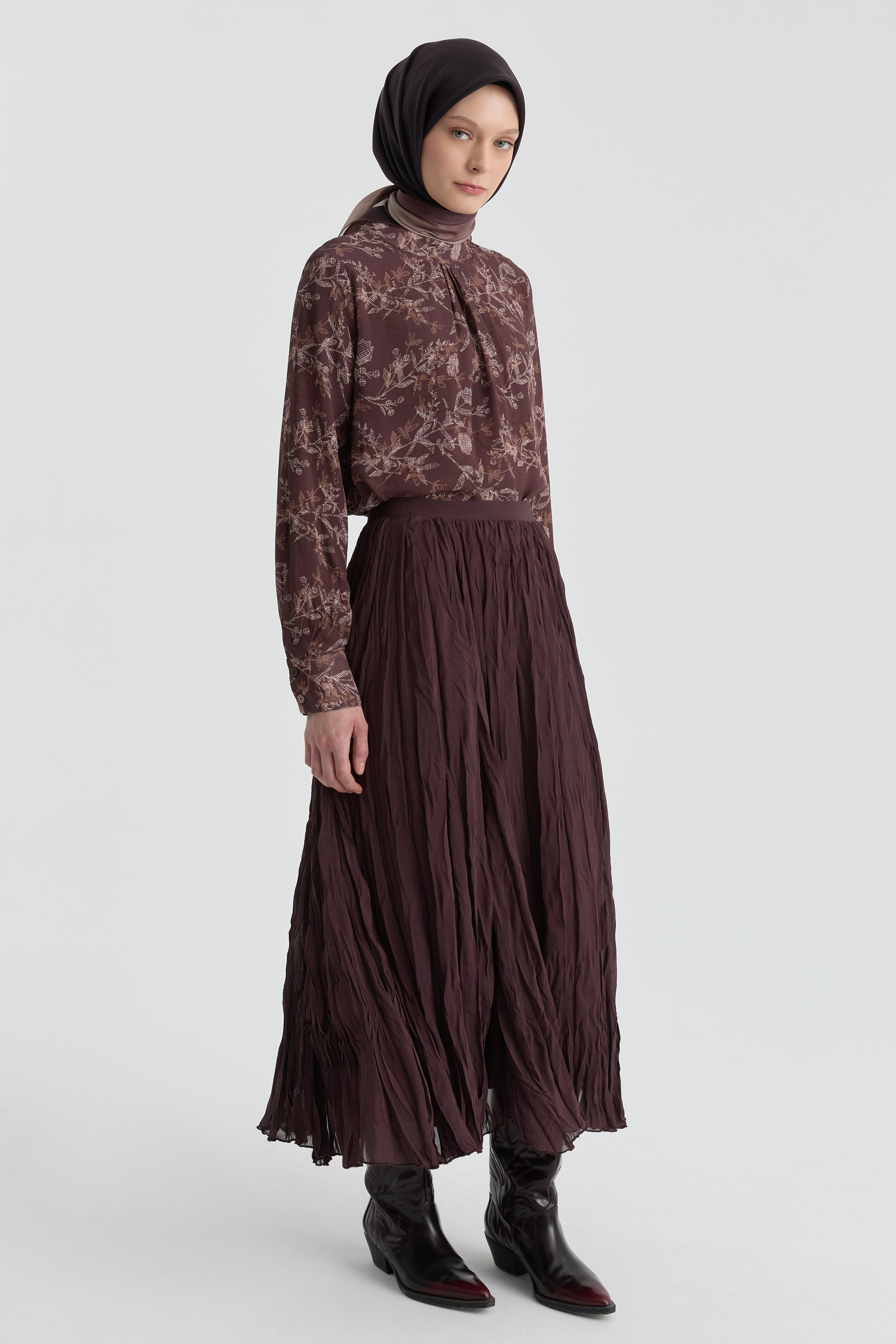 Crash Dokulu Uzun Etek - Kahve TUGBA