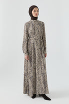 Şal Desenli Elbise - Kahve TUGBA