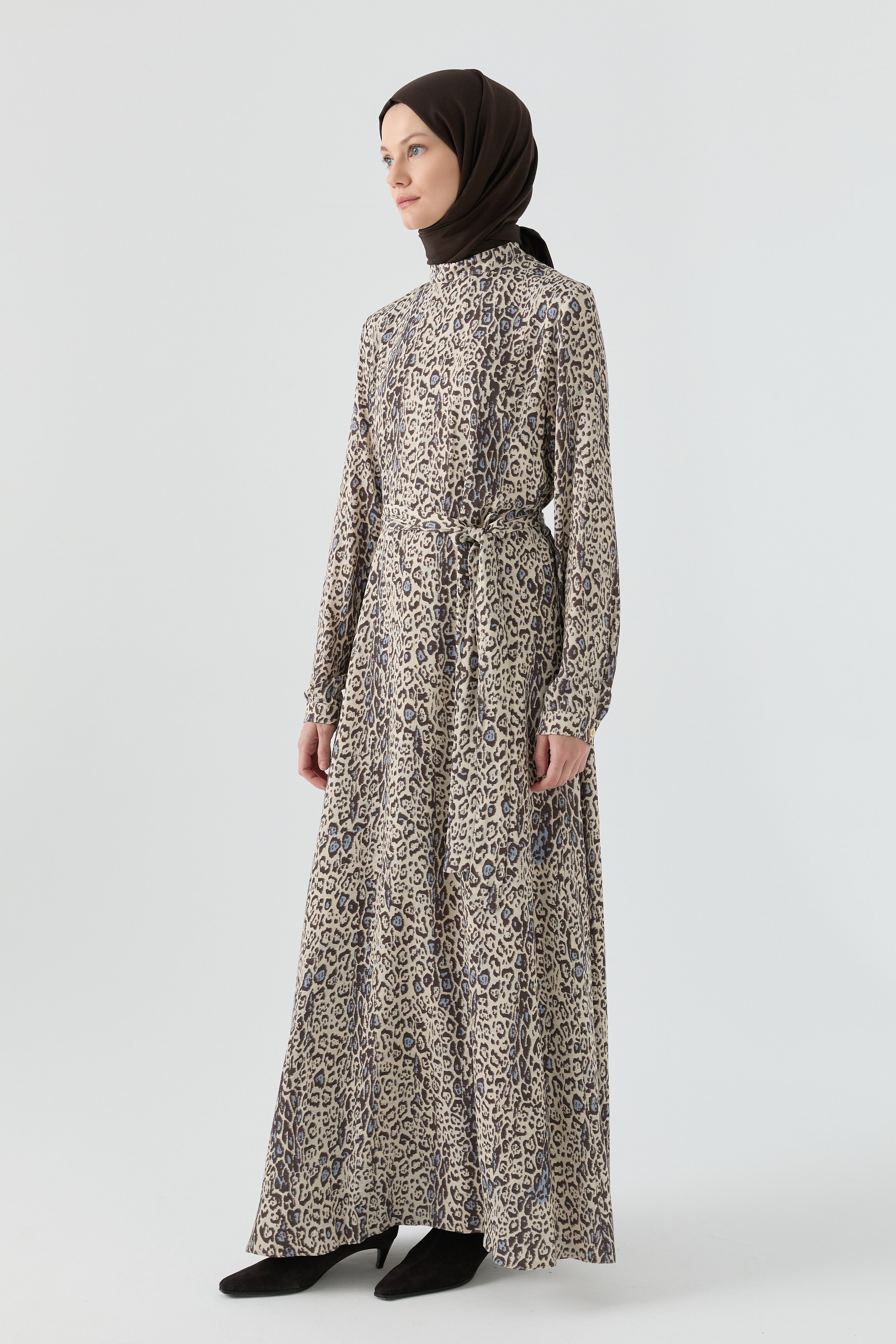 Şal Desenli Elbise - Kahve TUGBA