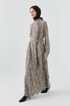 Şal Desenli Elbise - Kahve TUGBA