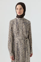Şal Desenli Elbise - Kahve TUGBA