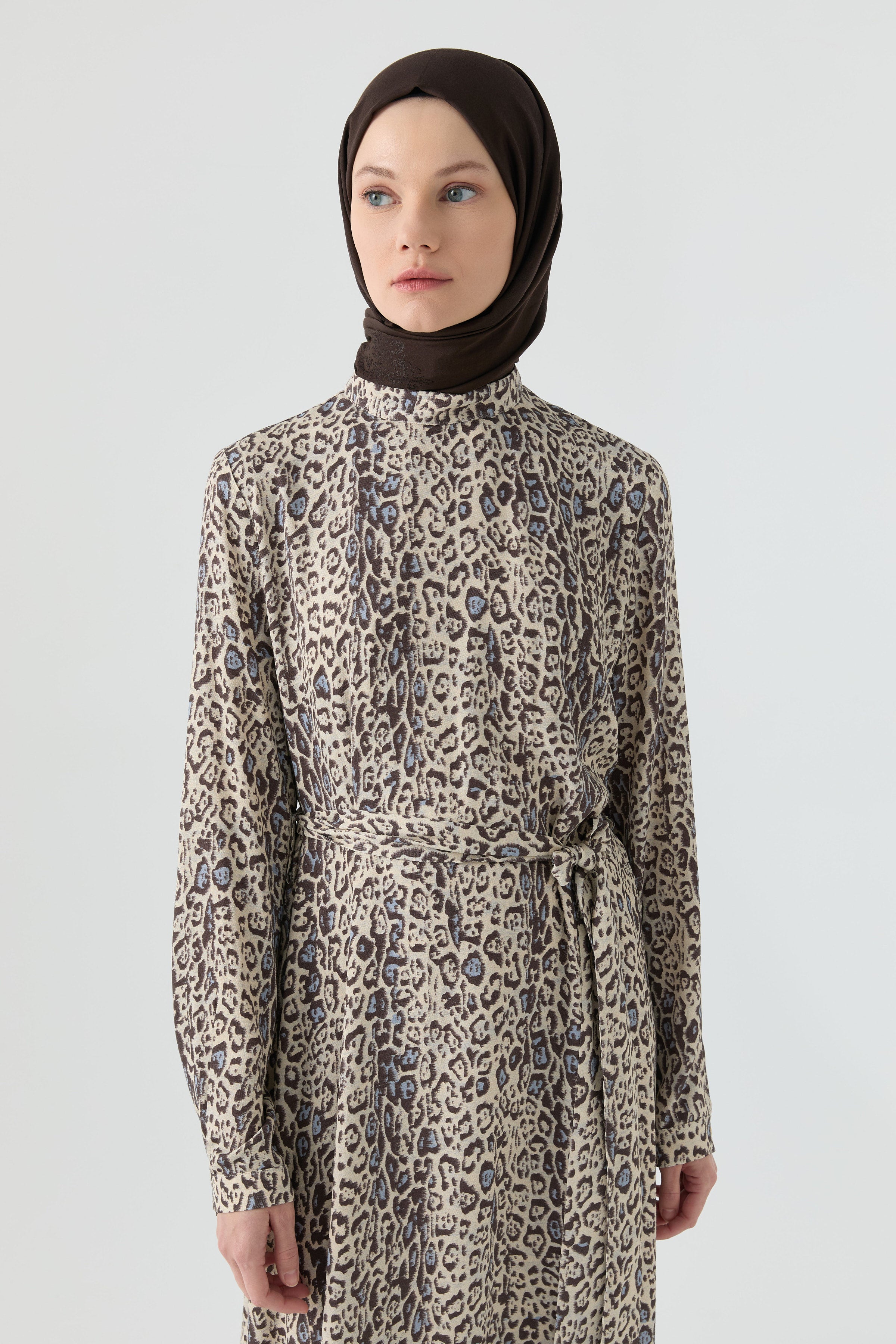 Şal Desenli Elbise - Kahve TUGBA