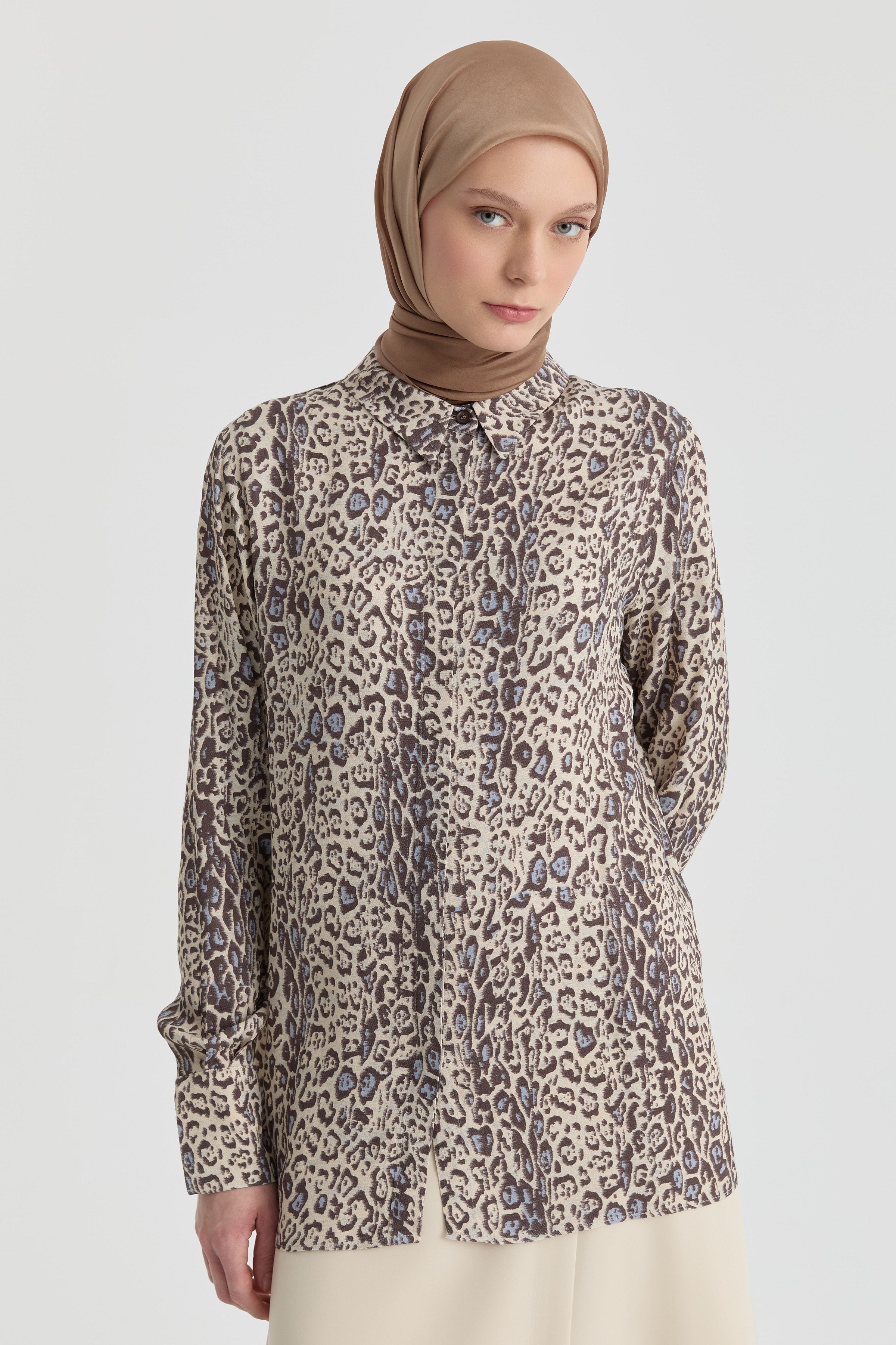 Leopar Desenli Gömlek - Kahve TUGBA