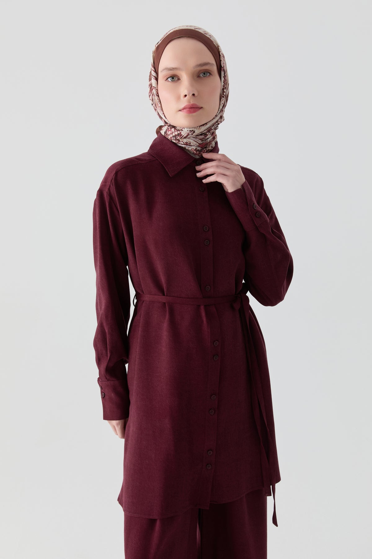 Robalı İnce Kemerli Tunik - Bordo TUGBA