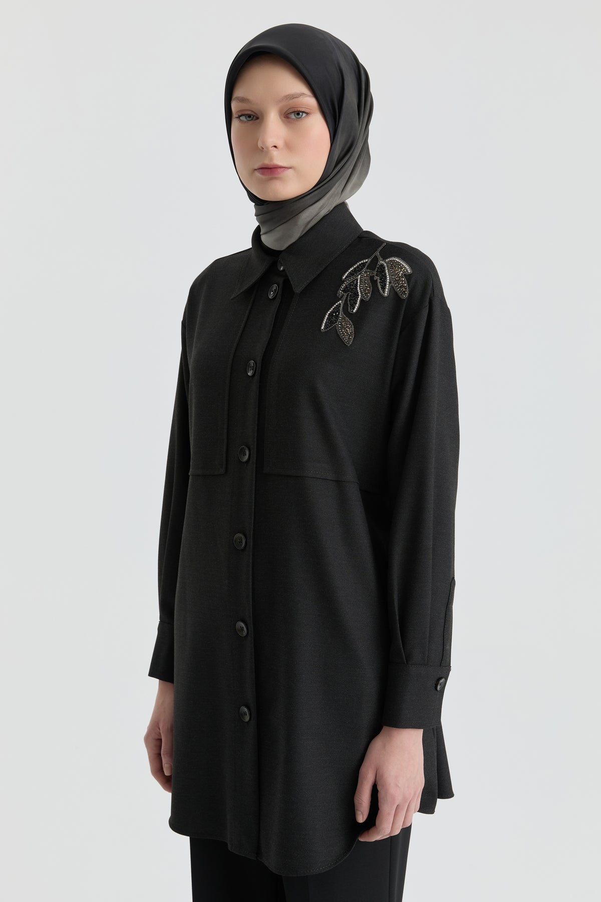 Tunic with Embroidered Shoulders - Anthracite