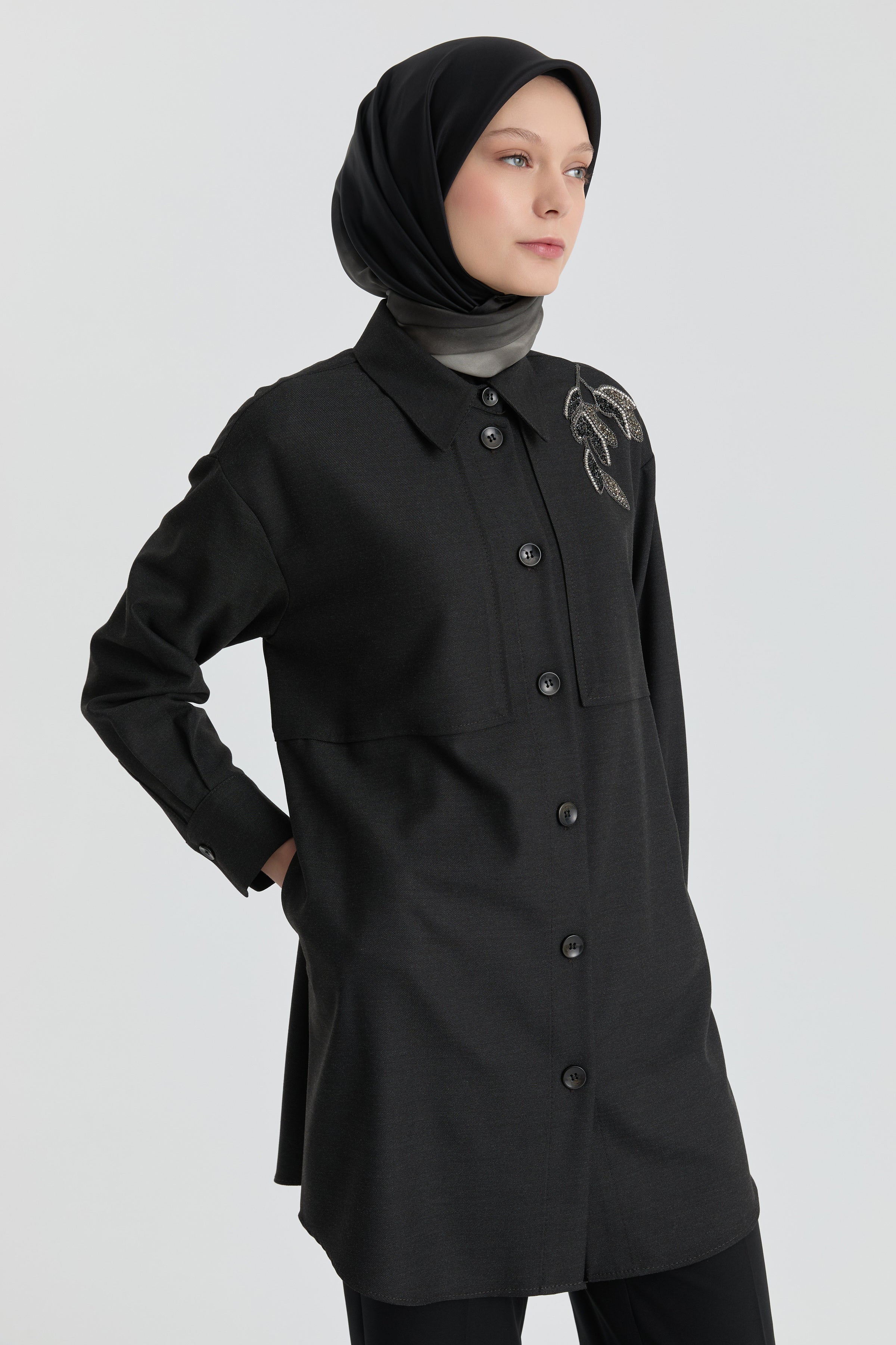 Omzu İşlemeli Tunik - Antrasit TUGBA