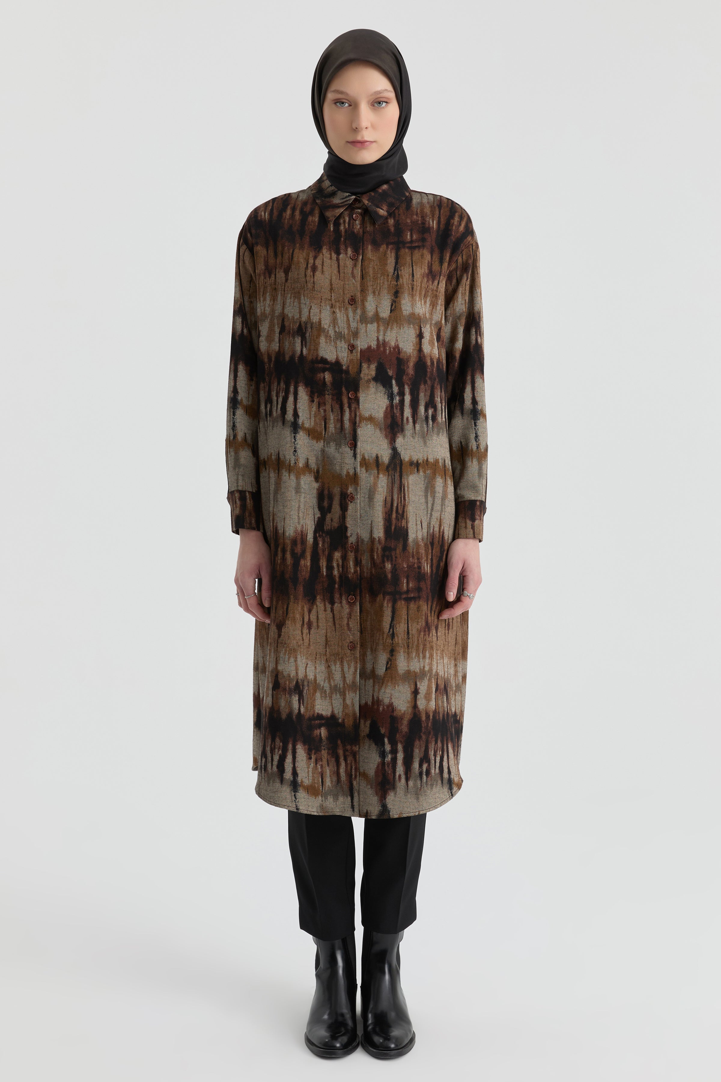 Gömlek Yaka Detaylı Tunik - Kahve TUGBA