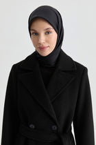 Kuşak Detaylı Kaban - Siyah TUGBA