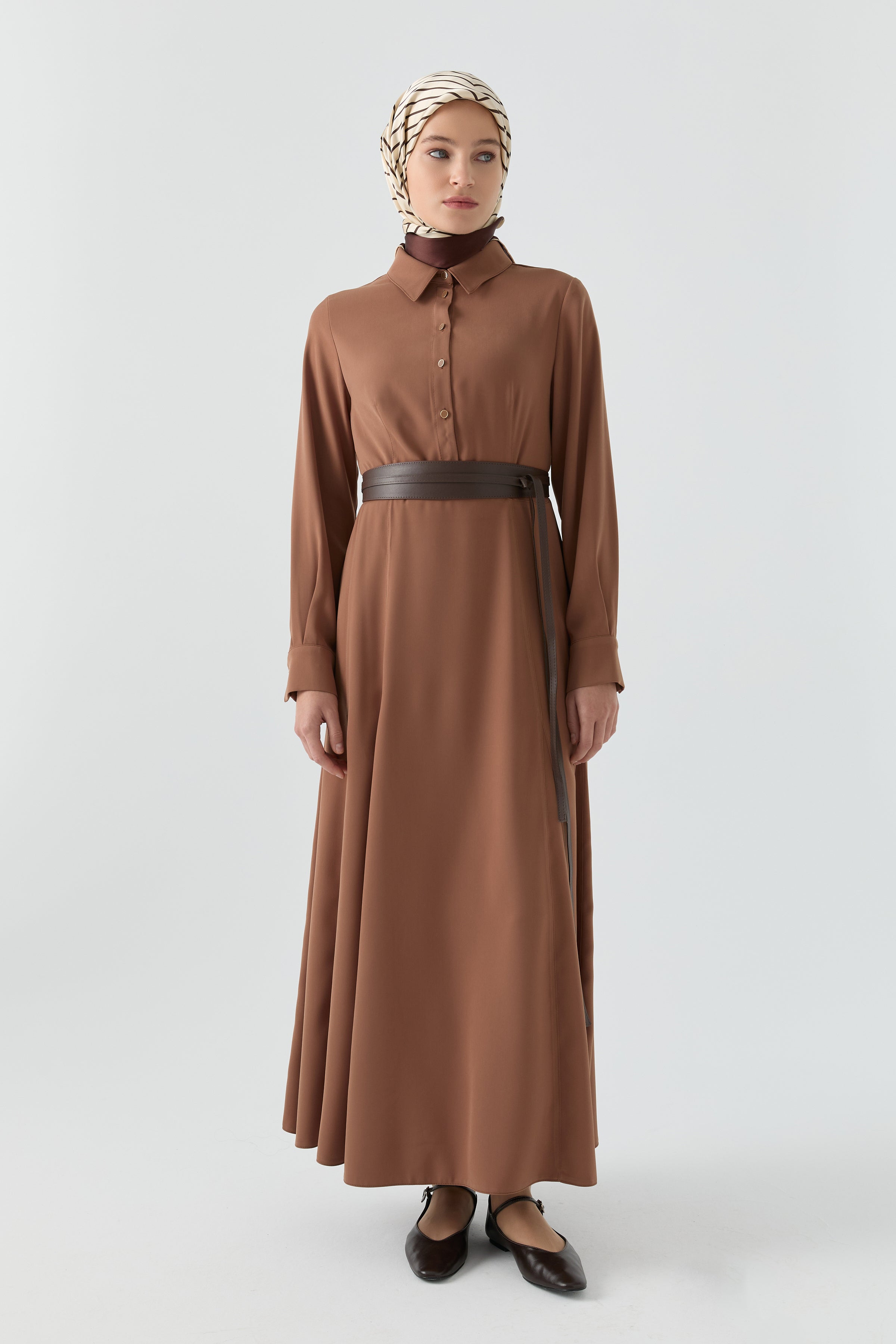 Deri Kemer Detaylı Elbise - Taba TUGBA