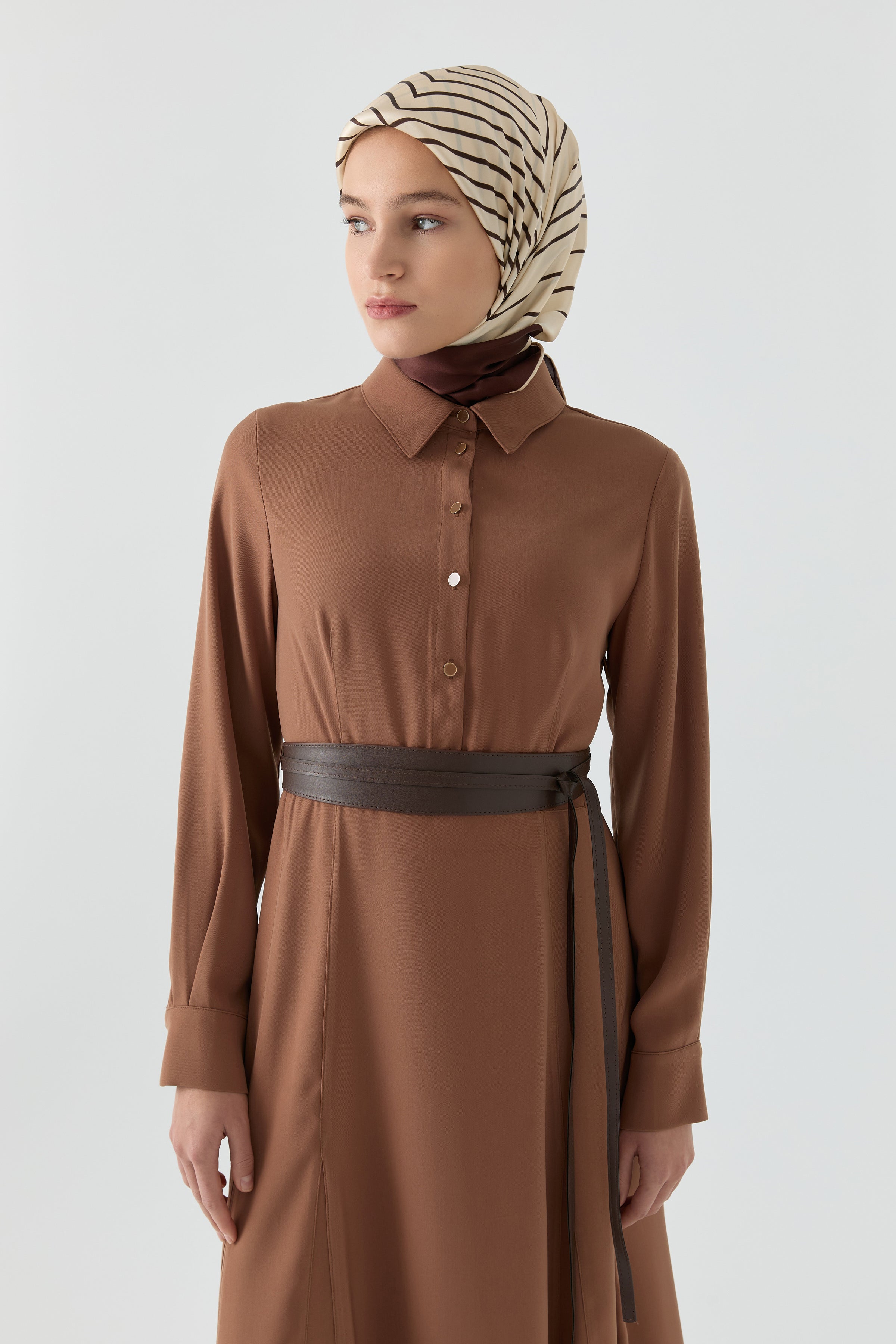 Deri Kemer Detaylı Elbise - Taba TUGBA