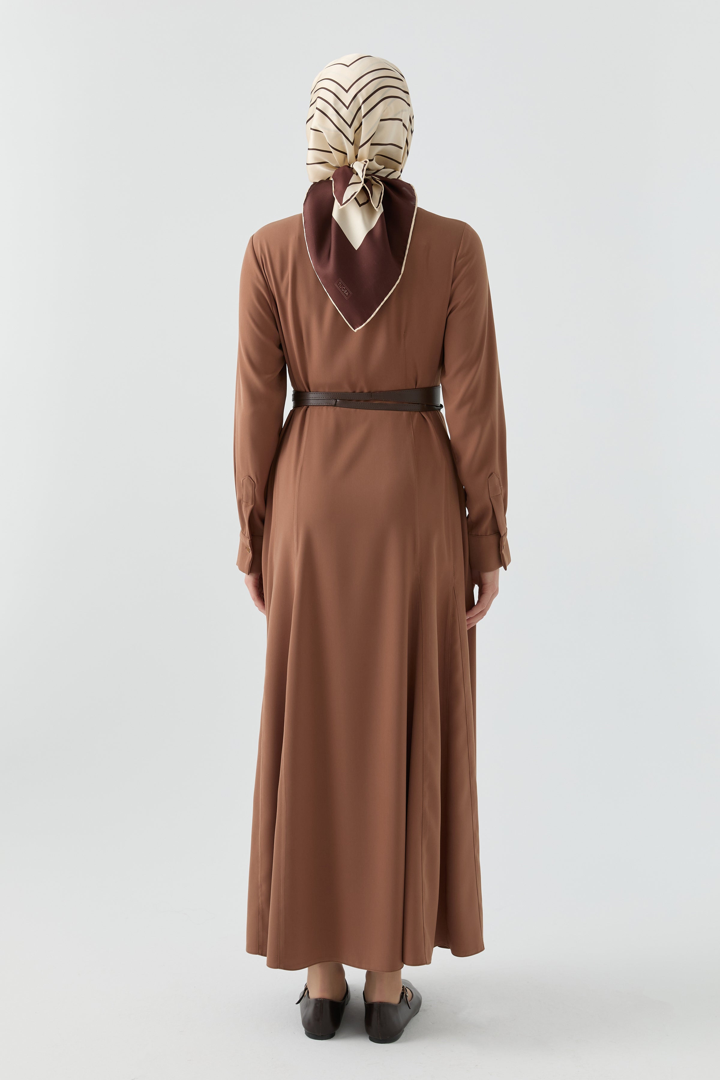 Deri Kemer Detaylı Elbise - Taba TUGBA