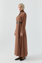 Deri Kemer Detaylı Elbise - Taba TUGBA