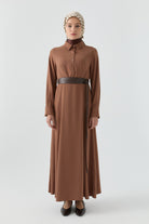 Deri Kemer Detaylı Elbise - Taba TUGBA