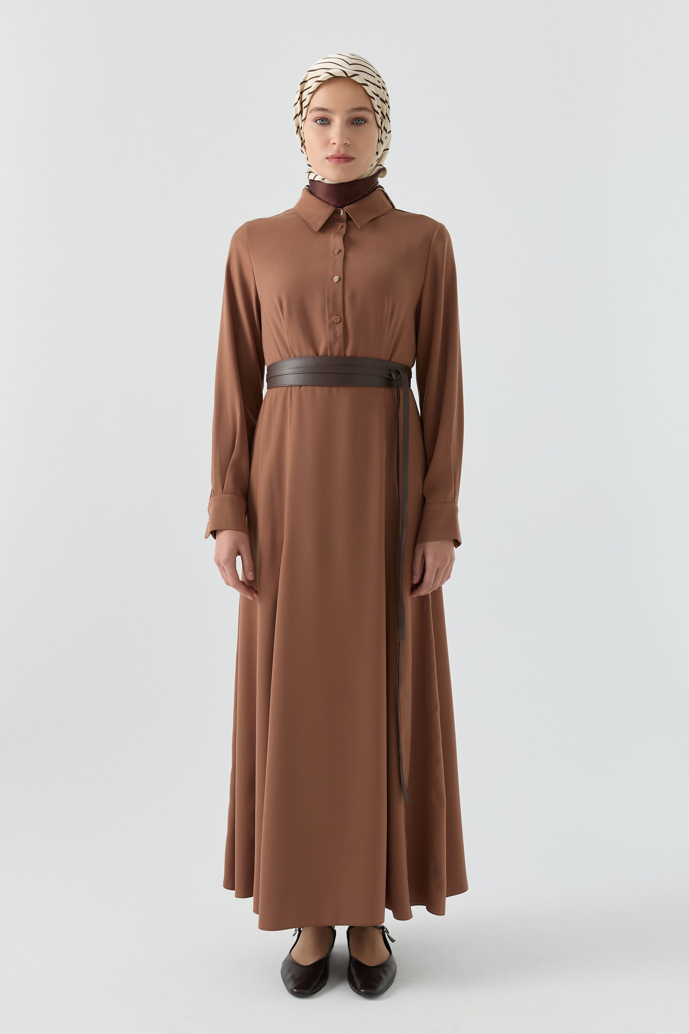 Deri Kemer Detaylı Elbise - Taba TUGBA