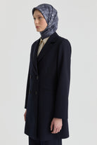 Kruvaze Düğmeli Uzun Basic Ceket - Lacivert TUGBA