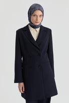 Kruvaze Düğmeli Uzun Basic Ceket - Lacivert TUGBA