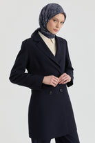 Kruvaze Düğmeli Uzun Basic Ceket - Lacivert TUGBA