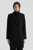 Kruvaze Düğmeli Uzun Basic Ceket - Siyah TUGBA