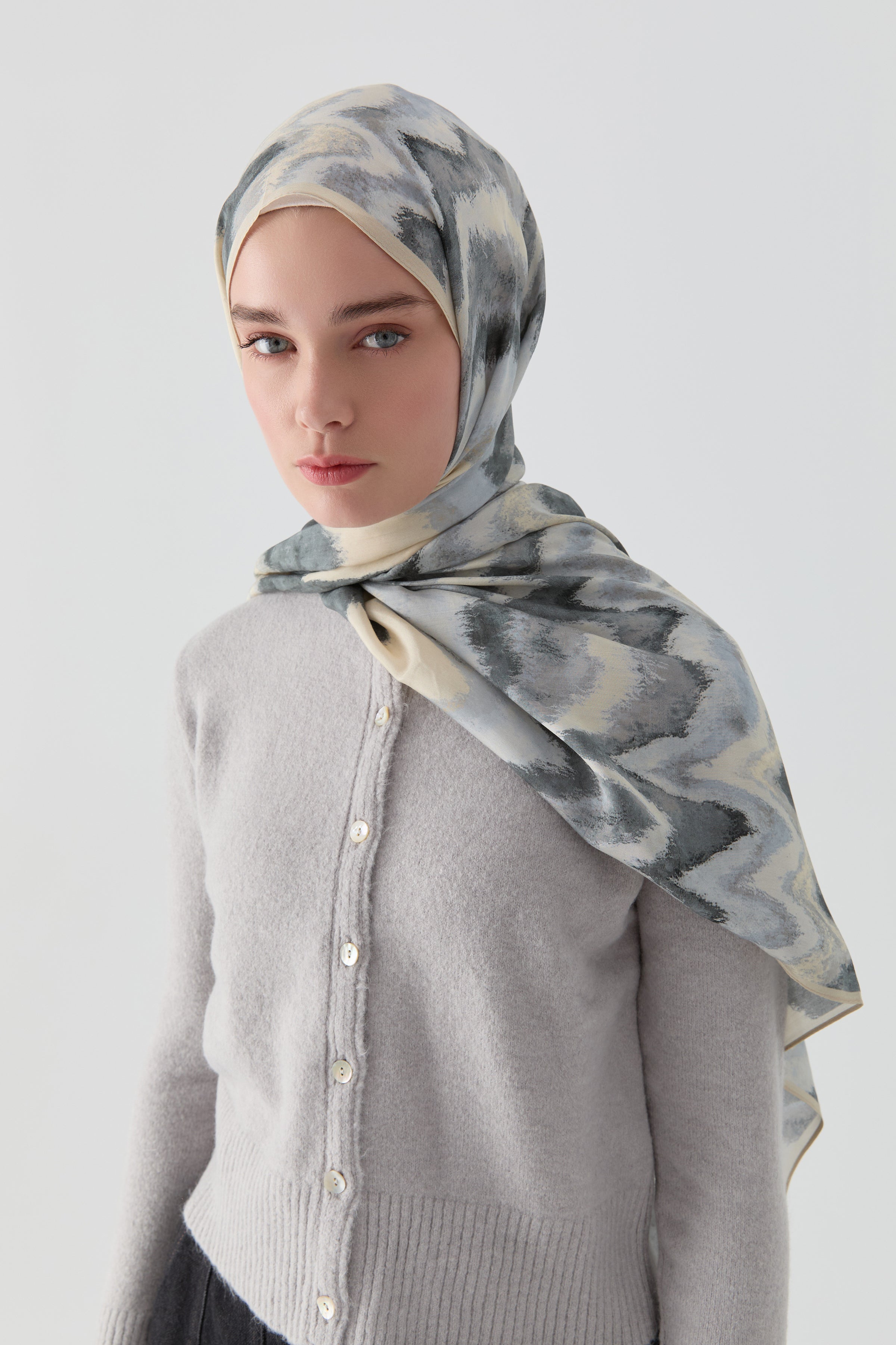 İkat Desenli Natural Şal - Açık Mavi TUGBA